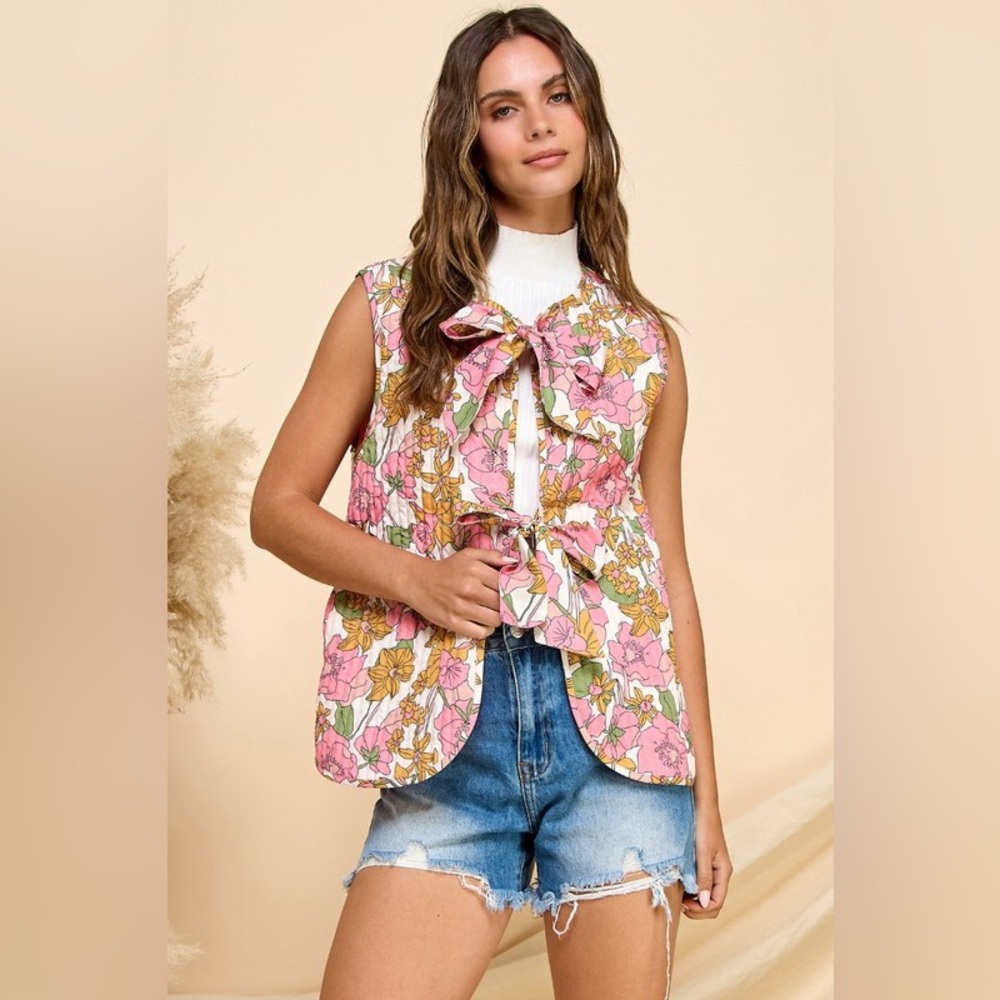 Pink floral tie quilted textured bow boho bohemian coat jacket vest - Picture 7 of 7